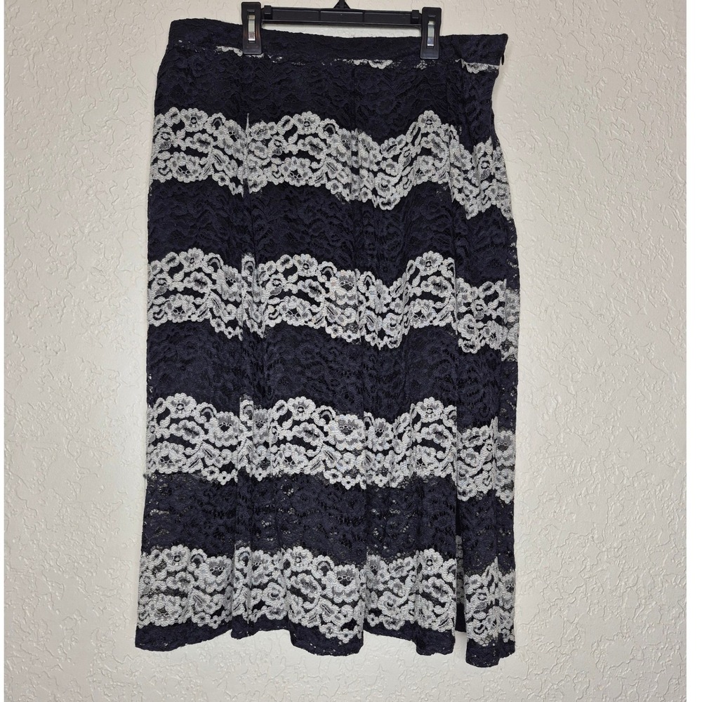 Who What Wear Navy Blue Cream Striped Floral Lace Midi Skirt Size 16